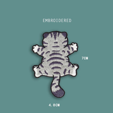 climbing back cat embroidered stick-on patch — grey tabby full back view tail raised stripes down spine four paws gripping