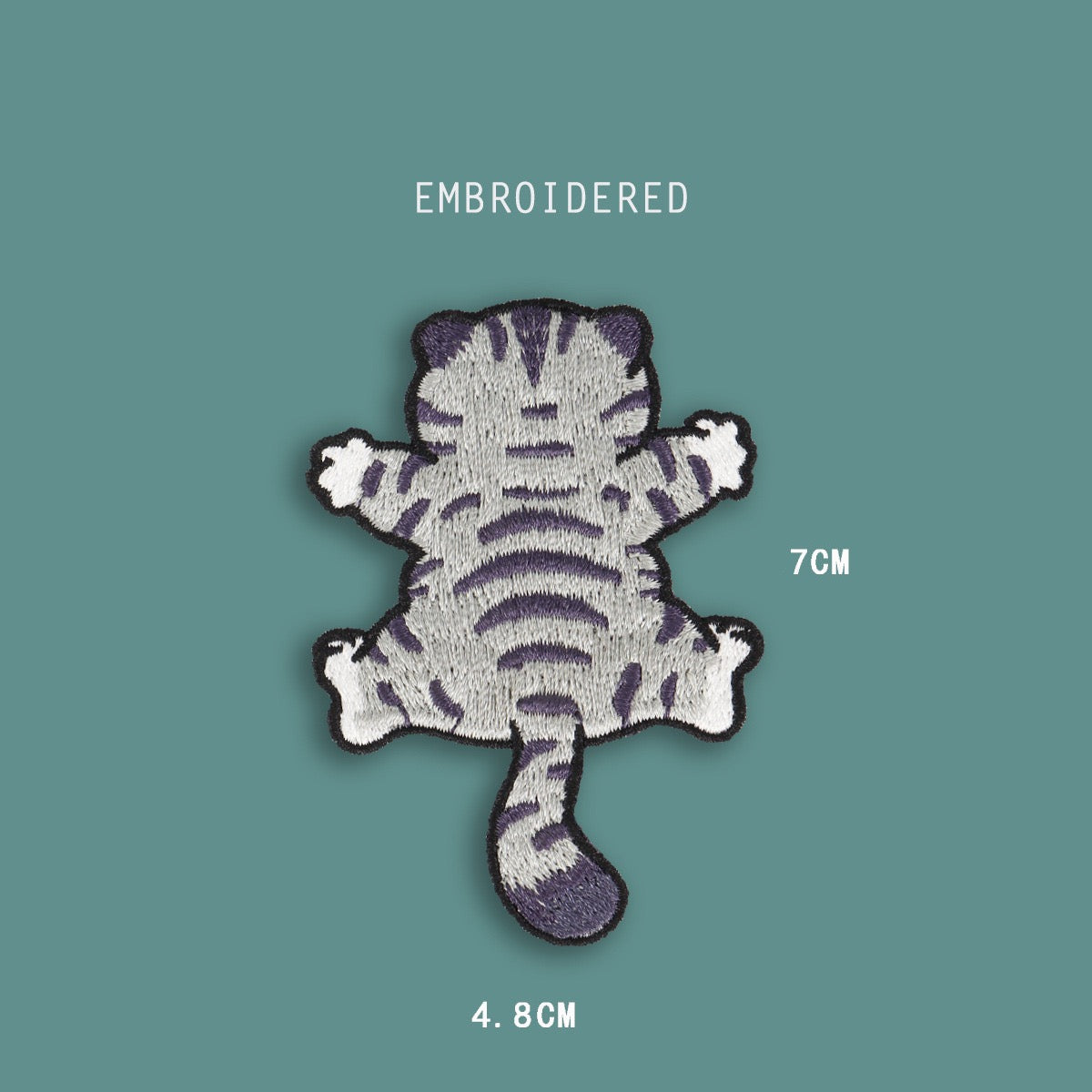 climbing back cat embroidered stick-on patch — grey tabby full back view tail raised stripes down spine four paws gripping