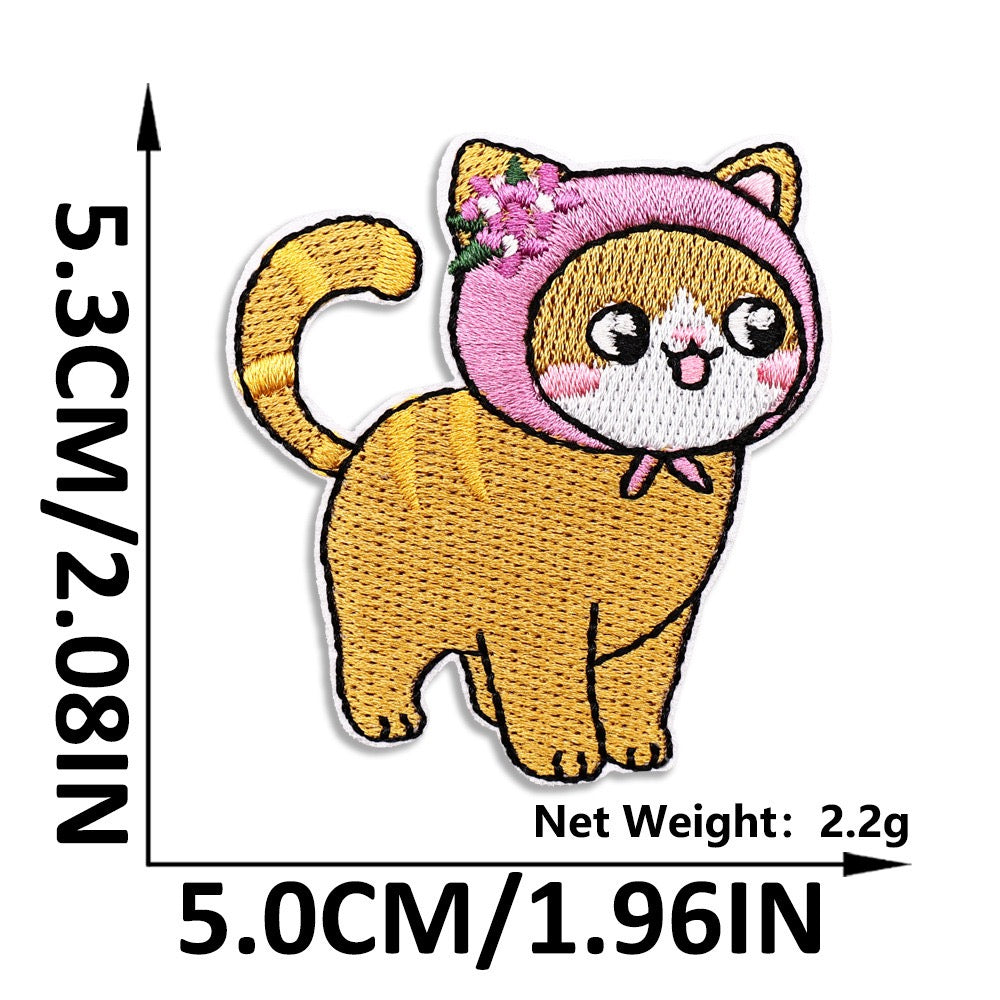 ginger cat in pink flower hood embroidered patch
