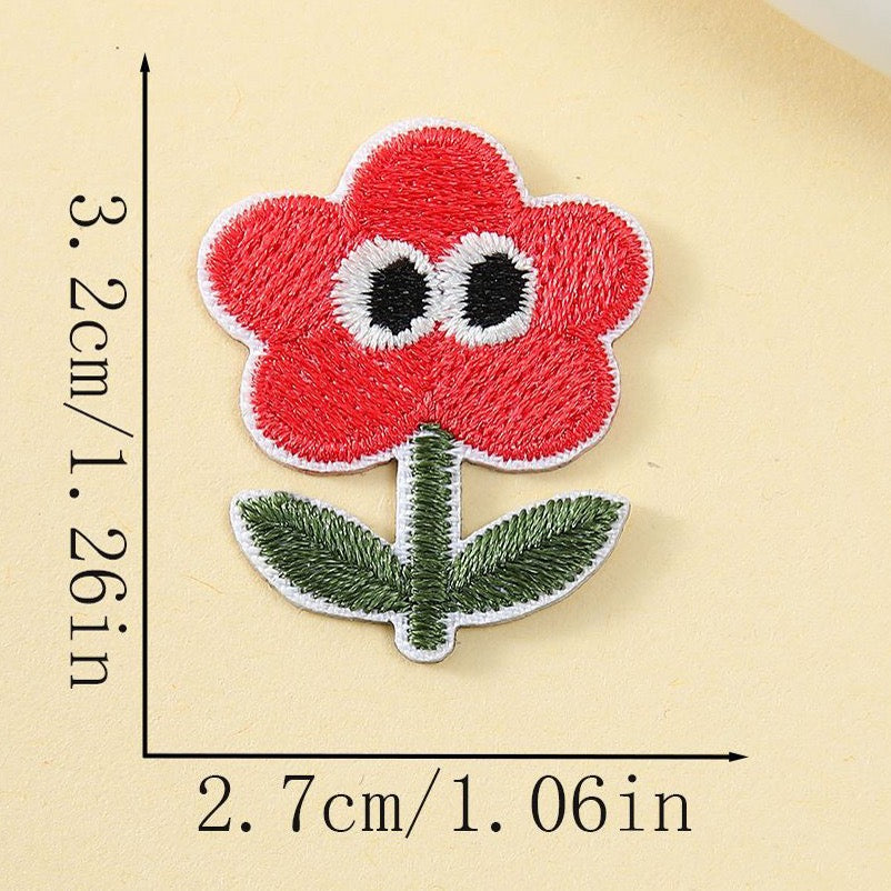 quirky red petal flower googly eyes embroidered stick-on patch
