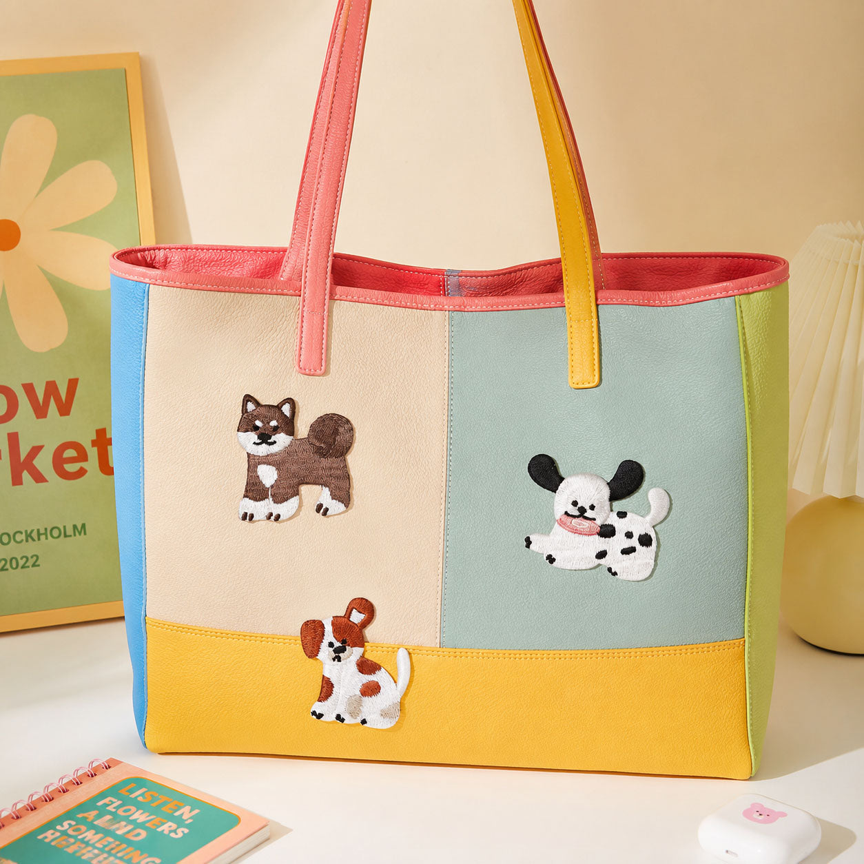 shiba inu back view dalmatian running and spotted hound sitting cartoon puppy stick-on patches decorating a multicolor stripe leather handbag