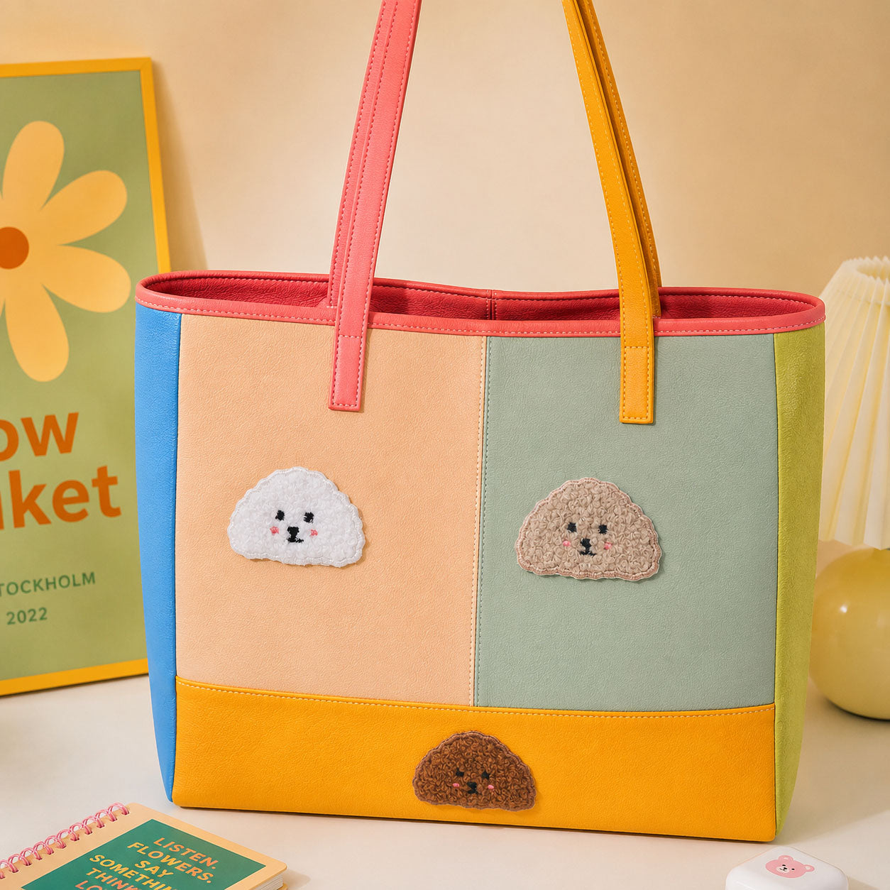 fuzzy poodle embroidered stick-on patches on canvas tote bag
