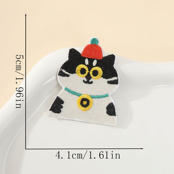 tuxedo cat with red beanie whimsical dapper embroidered stick-on patch