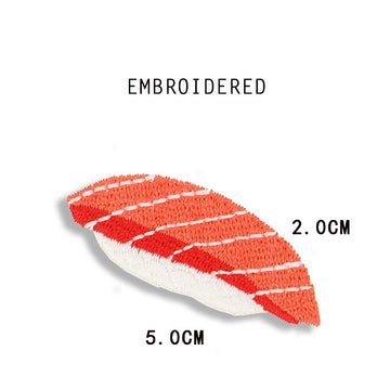 tuna nigiri embroidered stick-on patch with deep orange fish and yellow wasabi