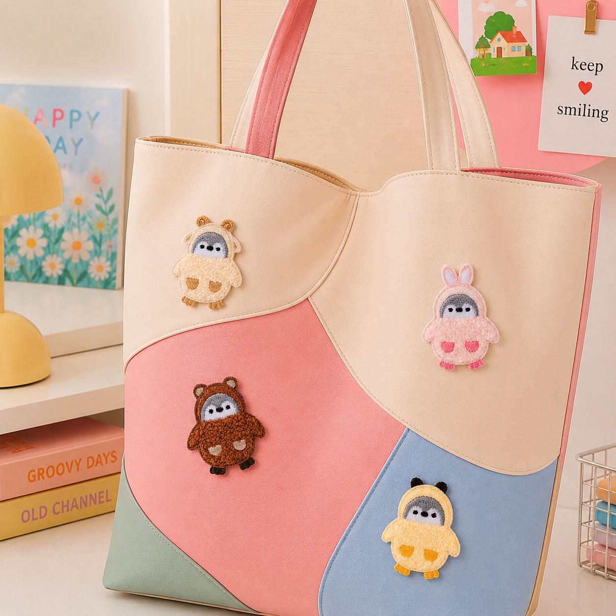 fluffy penguin dressed as panda bunny bear and chick stick-on patches decorating a pink and cream wave color-block leather handbag