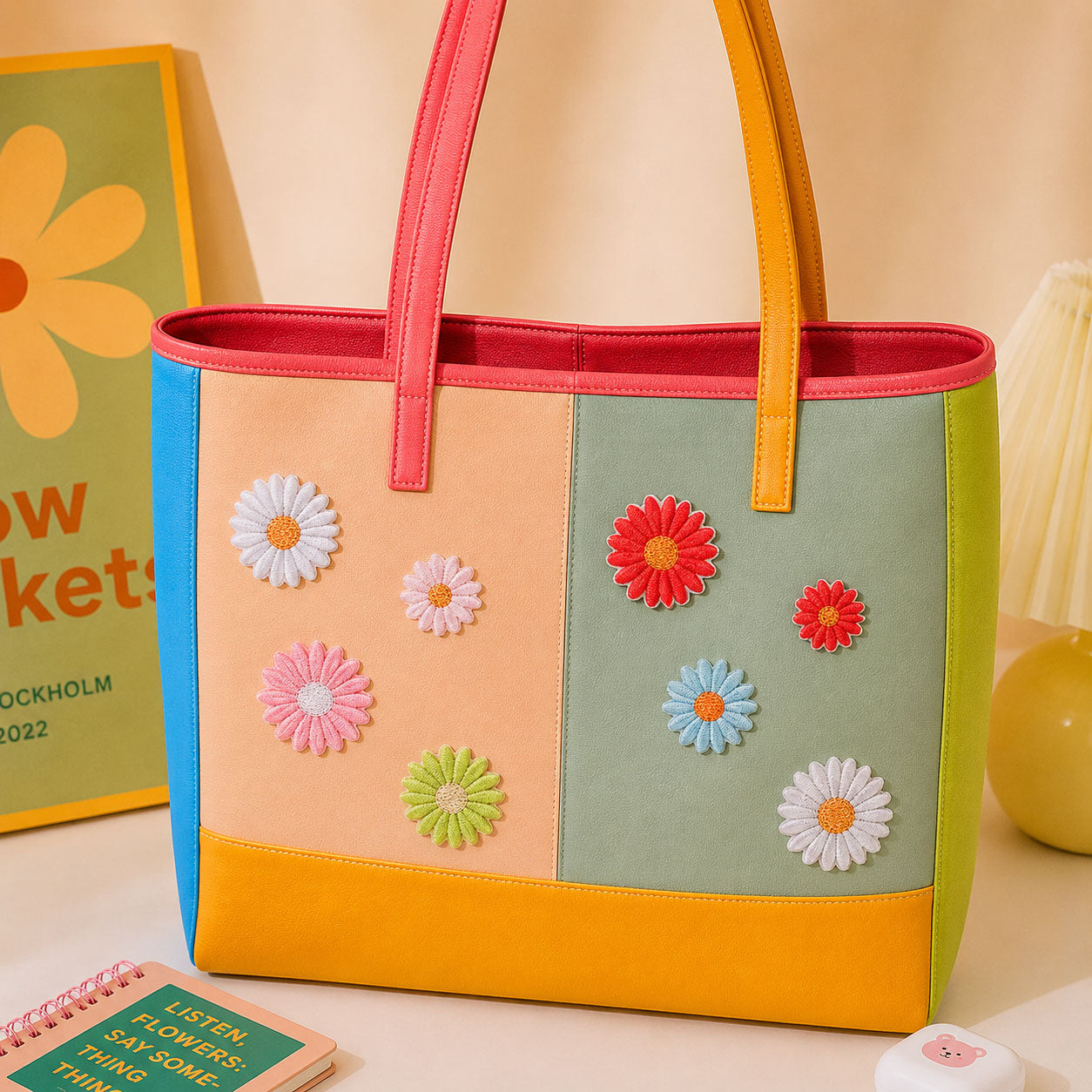 colorful daisy flower embroidered stick-on patches on canvas tote bag
