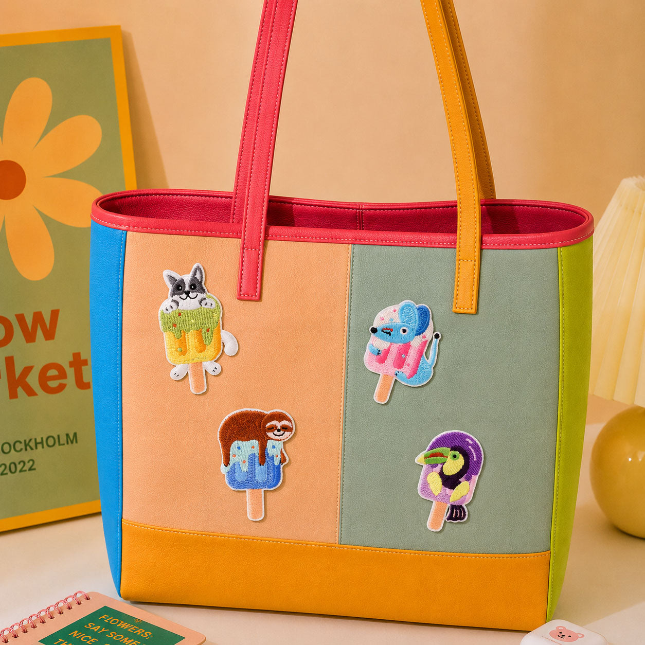 summer animal popsicle embroidered stick-on patches on canvas tote bag