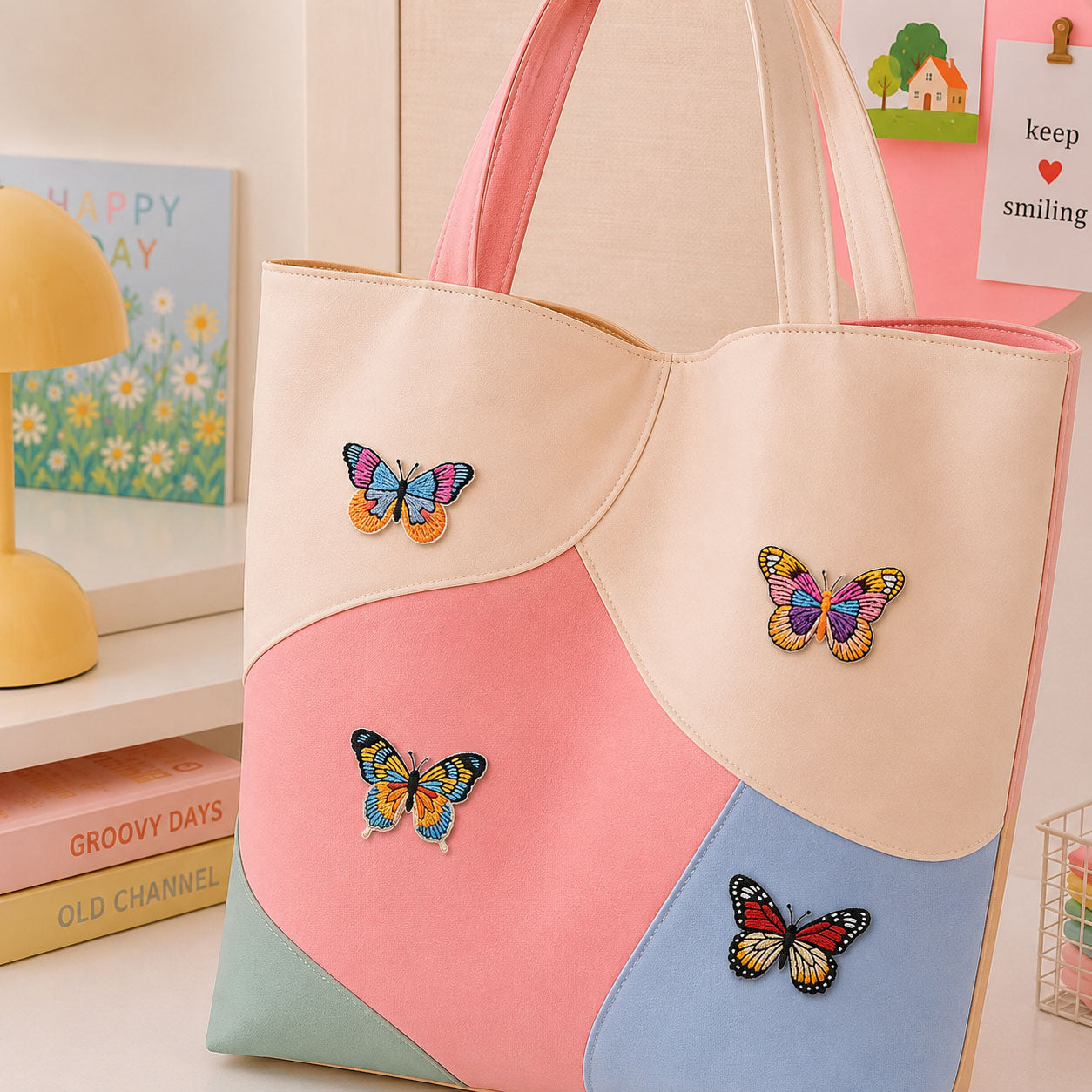 blue orange red and yellow monarch butterfly with detailed wing pattern stick-on patches scattered on a pink and cream wave color-block leather handbag