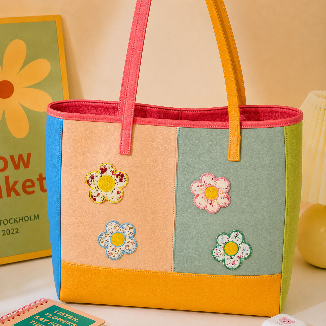 large floral bloom patches with ditsy print petals in yellow pink blue and green borders decorating a multicolor stripe leather handbag