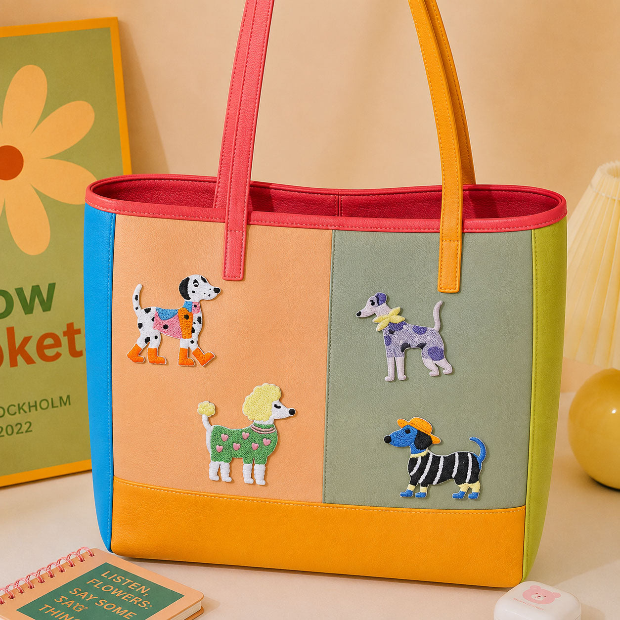 fashion dog embroidered stick-on patches on canvas tote bag