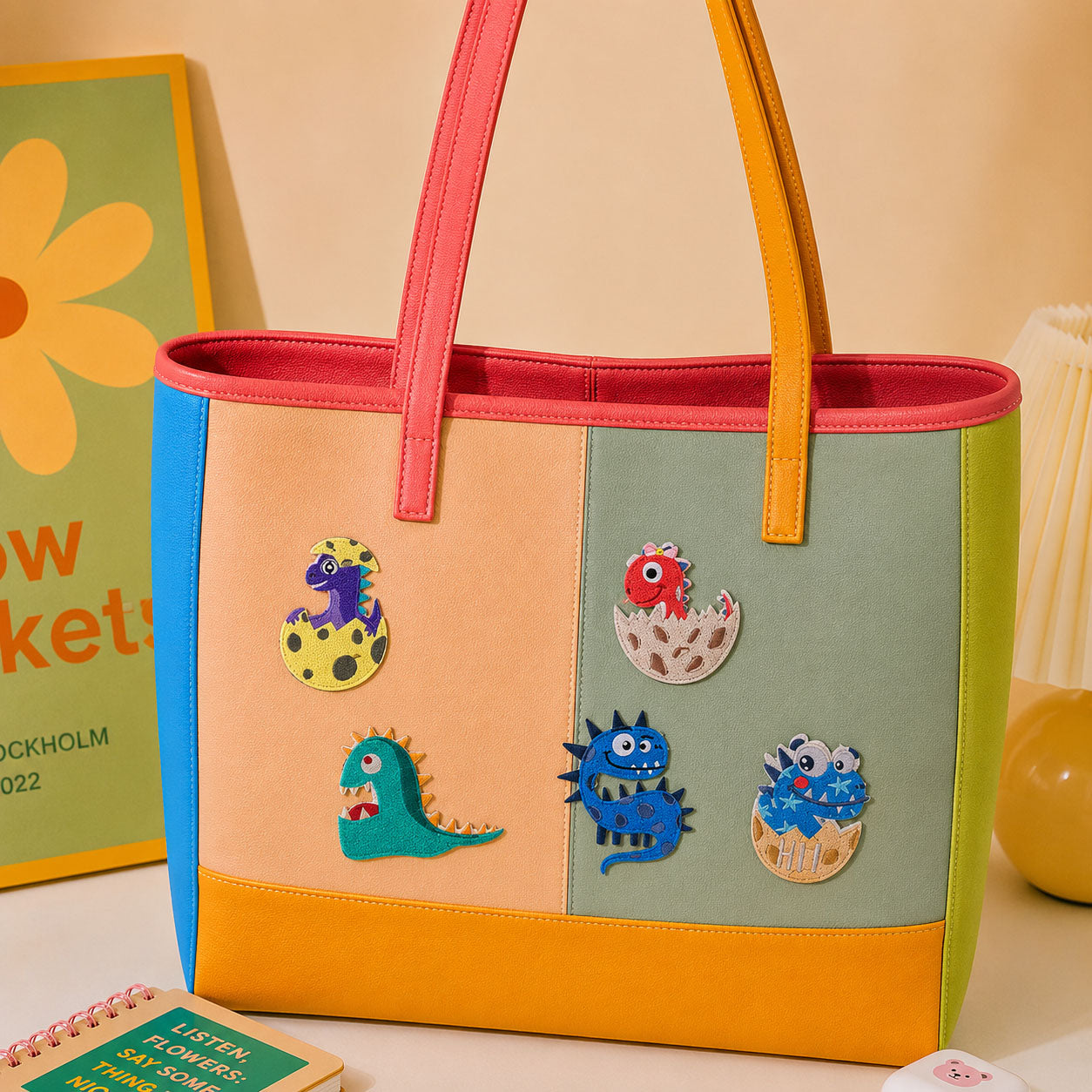 cute cartoon dinosaur embroidered stick-on patches on canvas tote bag
