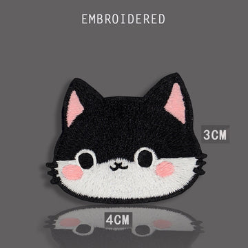 tuxedo cat head round face with pink ears embroidered patch