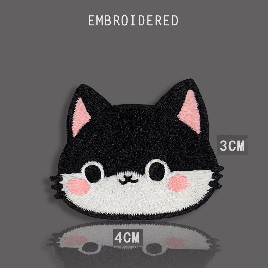 tuxedo cat head round face with pink ears embroidered patch