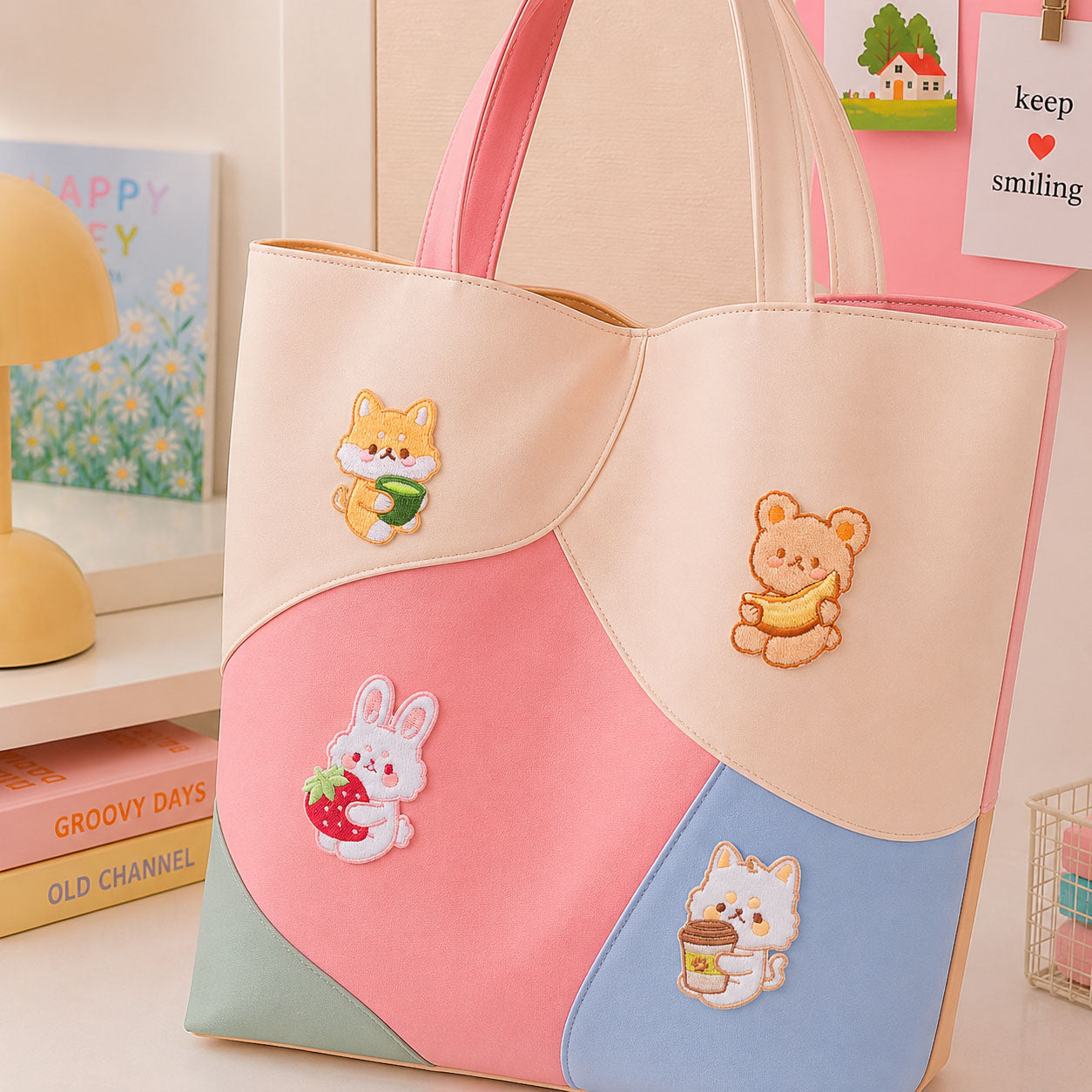 shiba inu bear bunny and cat holding tea banana strawberry and boba stick-on patches decorating a pink and cream wave color-block leather handbag