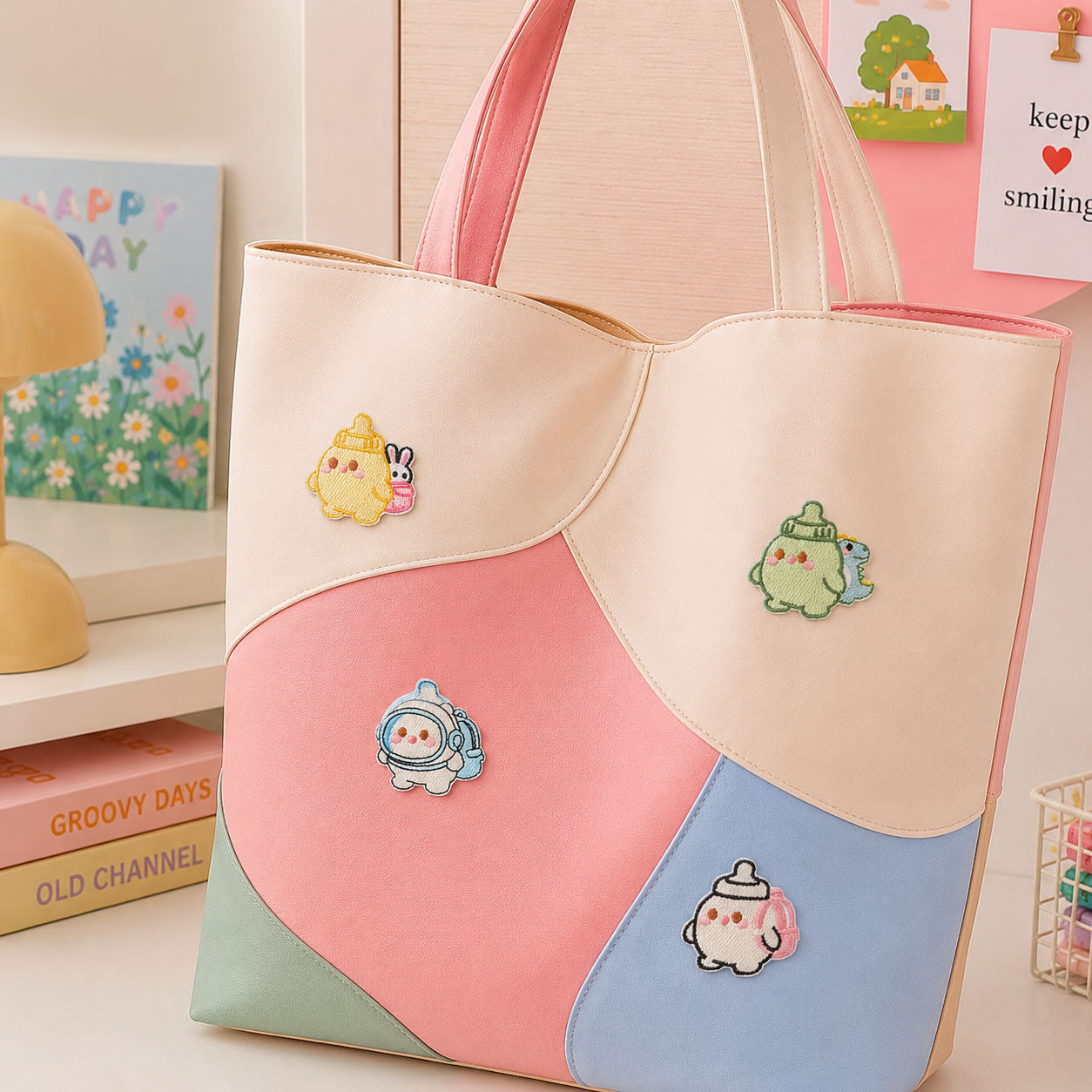 chubby chick bunny astronaut dinosaur and headphone elf stick-on patches decorating a pink and cream wave color-block leather handbag