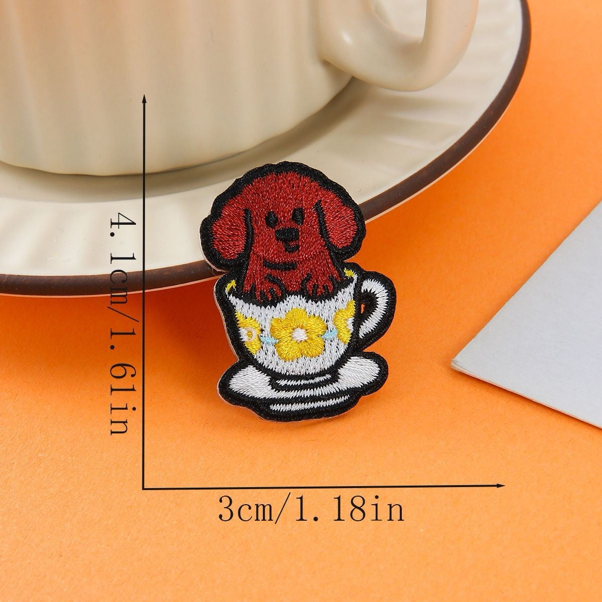brown dog in floral cup embroidered stick-on patch

