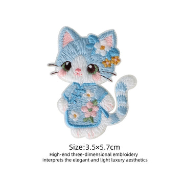 pastel blue chipao blue-gray cat 3D embroidered stick-on patch
