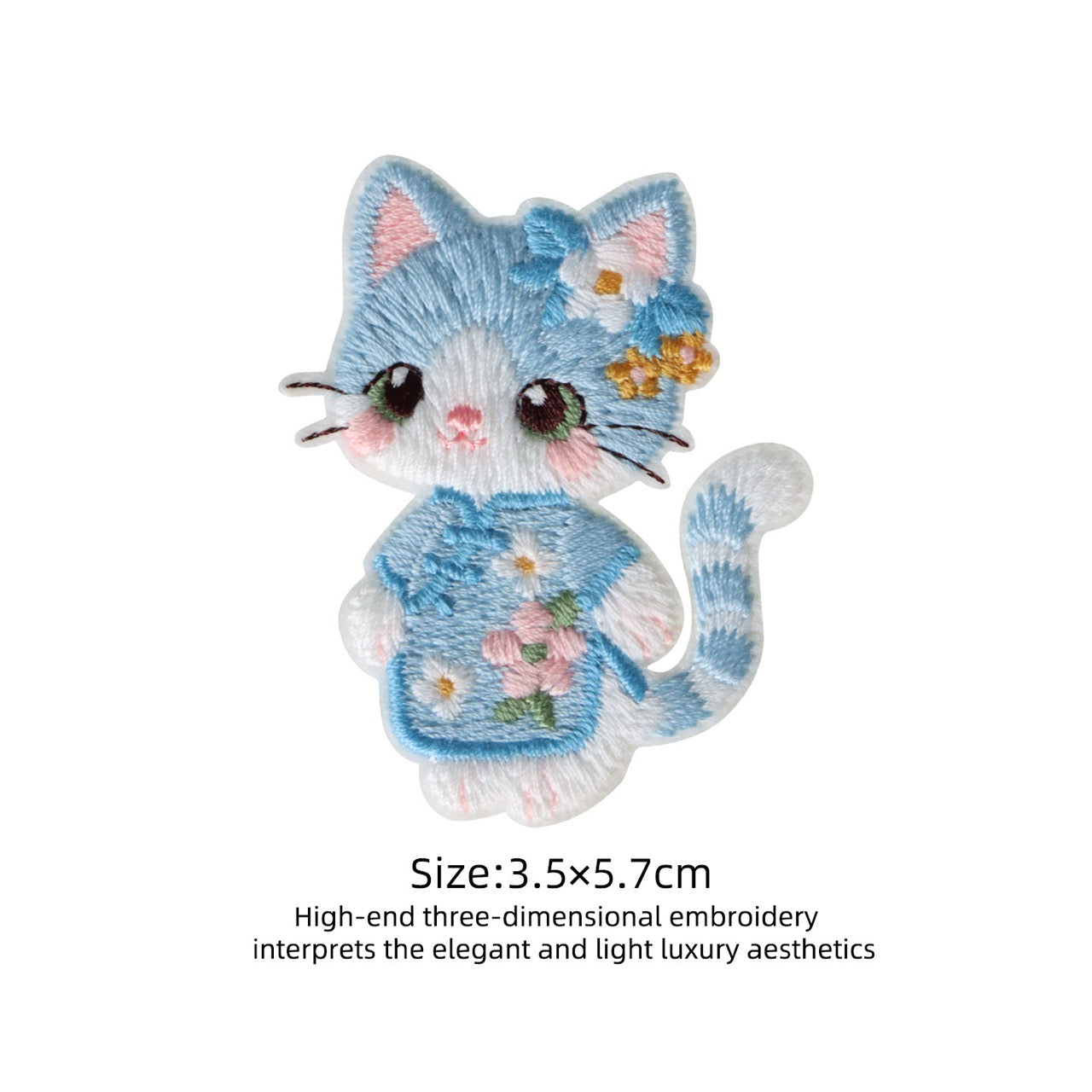 pastel blue chipao blue-gray cat 3D embroidered stick-on patch