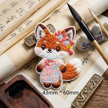 fox in soft pink peony cheongsam with tassel headband kawaii chinoiserie embroidered stick-on patch