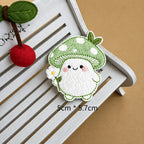summer daisy mushroom baby embroidered stick-on patch — green cap with acorn holding daisy