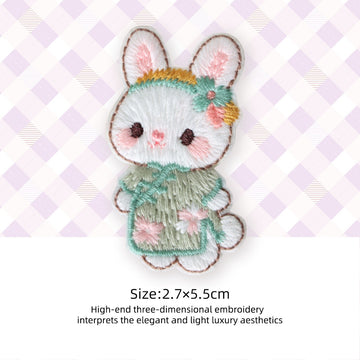 sage green qipao bunny with daisy embroidery embroidered patch
