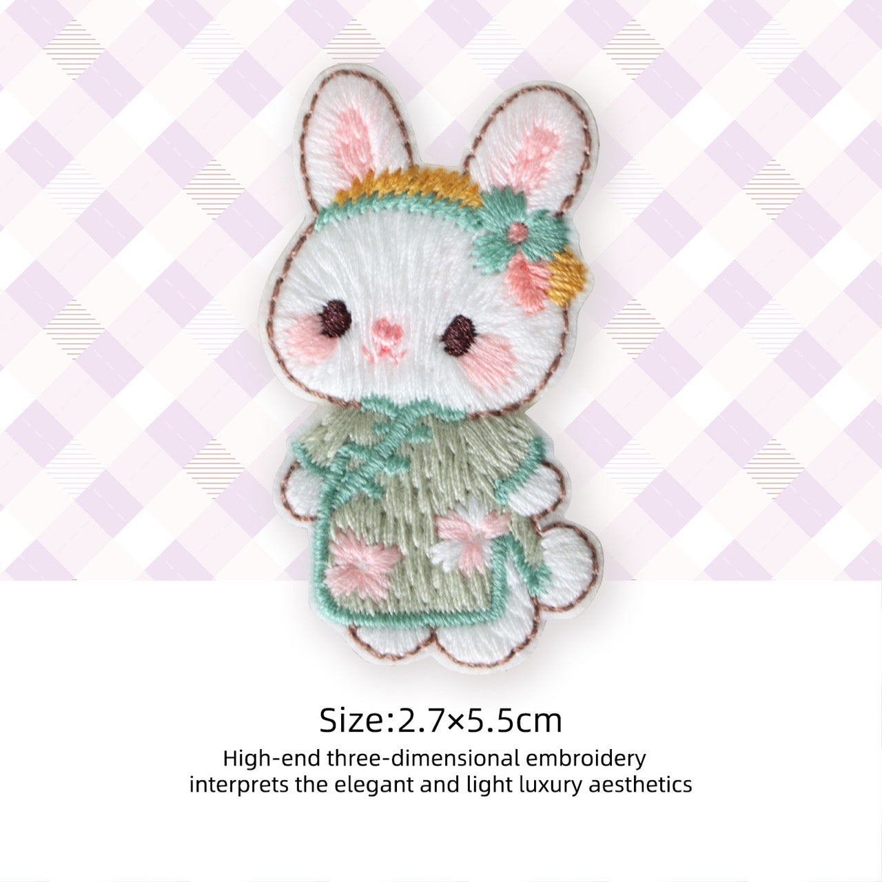 sage green qipao bunny with daisy embroidery embroidered patch
