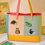 iguana tortoise owl and anteater embroidered stick-on patches on canvas tote bag