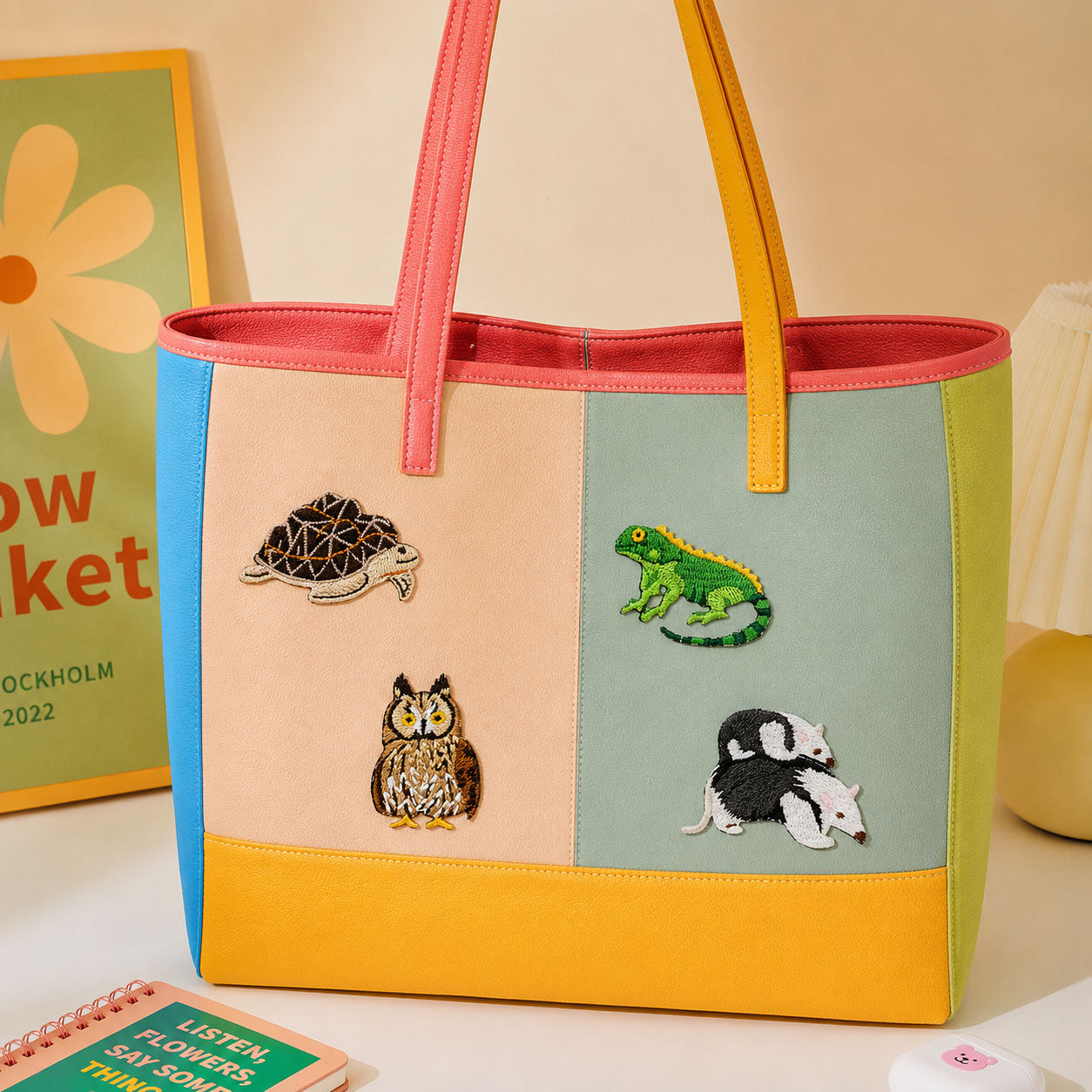 iguana tortoise owl and anteater embroidered stick-on patches on canvas tote bag