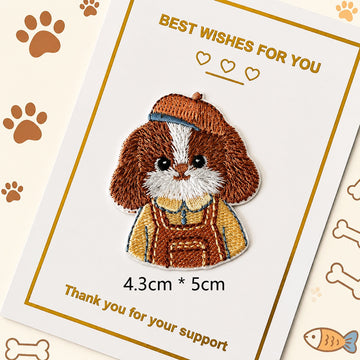 puppy in brown beret embroidered stick-on patch — yellow jacket and brown overalls