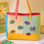 wow omg pow hello zap and wtf comic speech bubble stick-on patches scattered on a multicolor stripe leather handbag