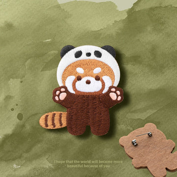 Embroidered Pins of a Full Body Cute Red Panda in a Hat