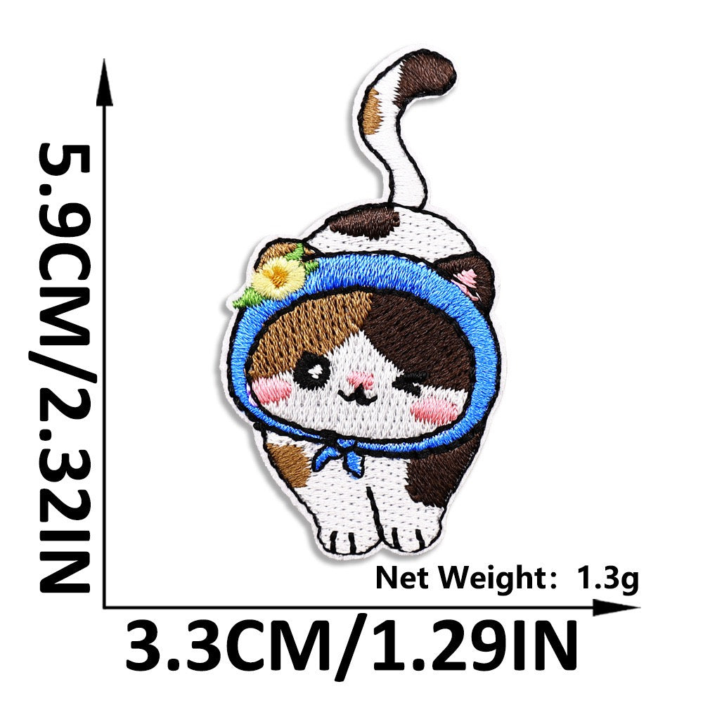 calico cat in blue floral bonnet embroidered stick-on patch