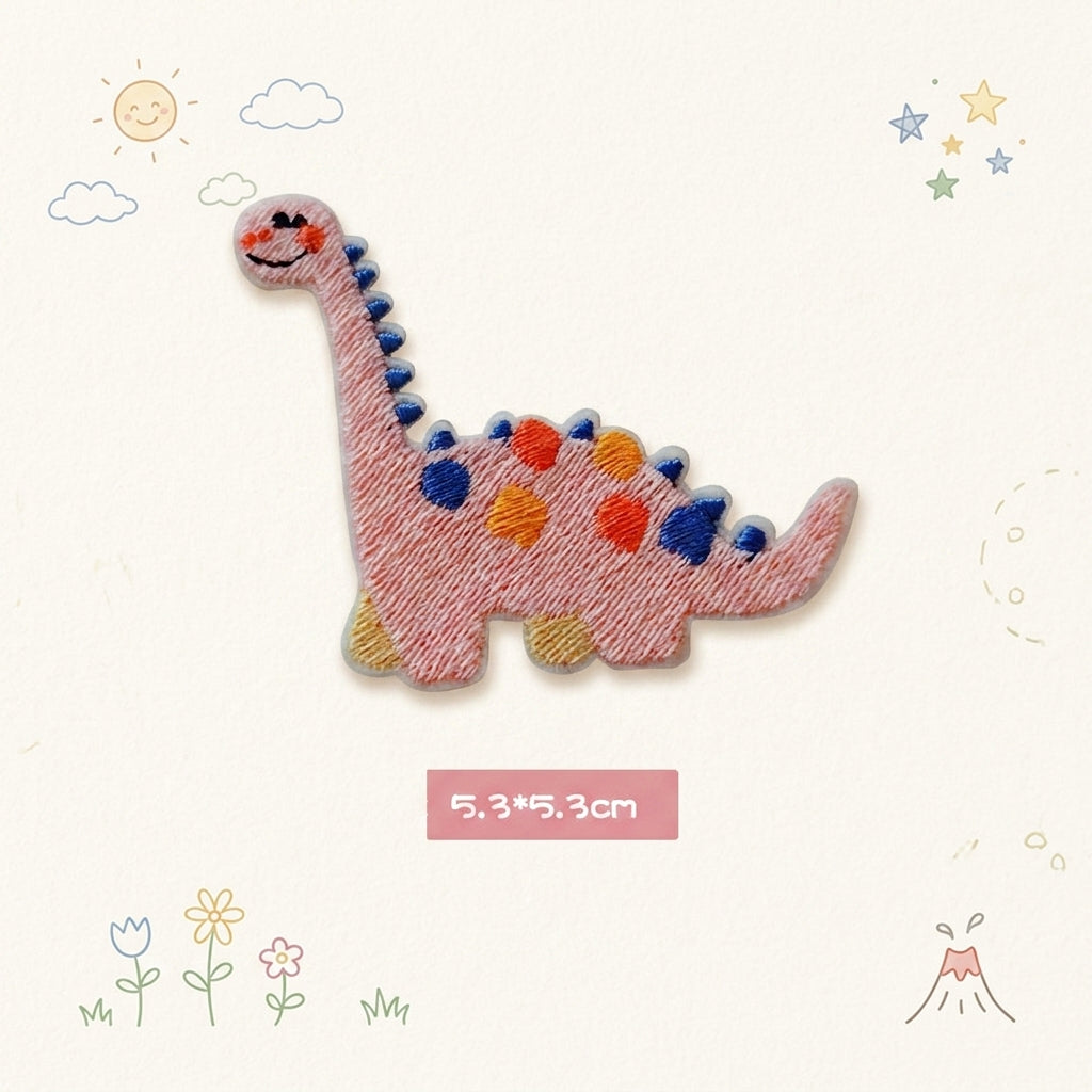 pink Brachiosaurus kawaii embroidered stick-on patch — pink long-neck dinosaur side view with blue and orange spots serene expression