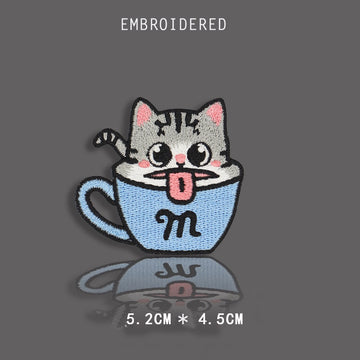 cheeky tabby cat sitting in a cup embroidered stick-on patch