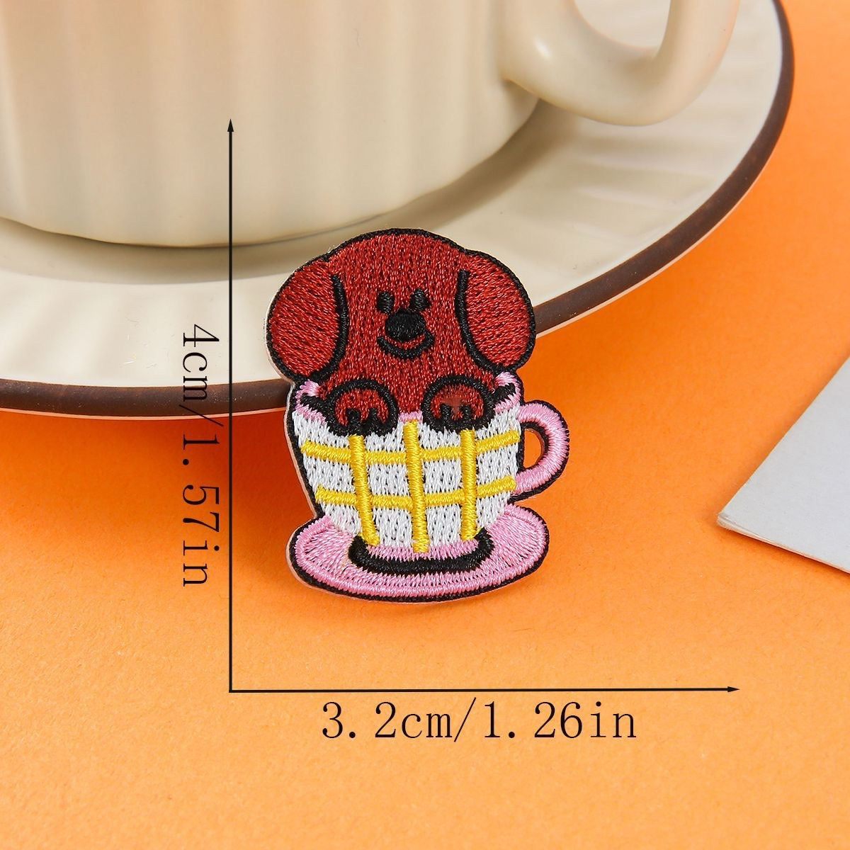 brown dog in plaid cup embroidered stick-on patch

