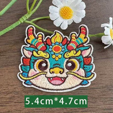 Chinese zodiac dragon embroidered stick-on patch — full flame and scale crown dark blue tones most elaborate of the twelve