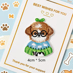 glasses puppy in pasture sweater embroidered stick-on patch — round wire-frame glasses blue green sweater
