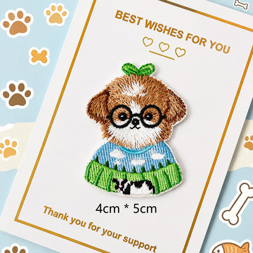 glasses puppy in pasture sweater embroidered stick-on patch — round wire-frame glasses blue green sweater