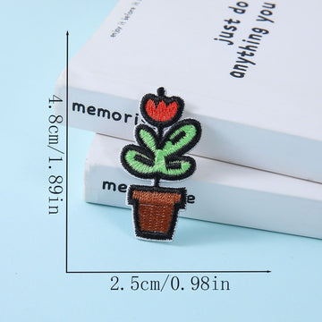 red flower in brown pot embroidered stick-on patch