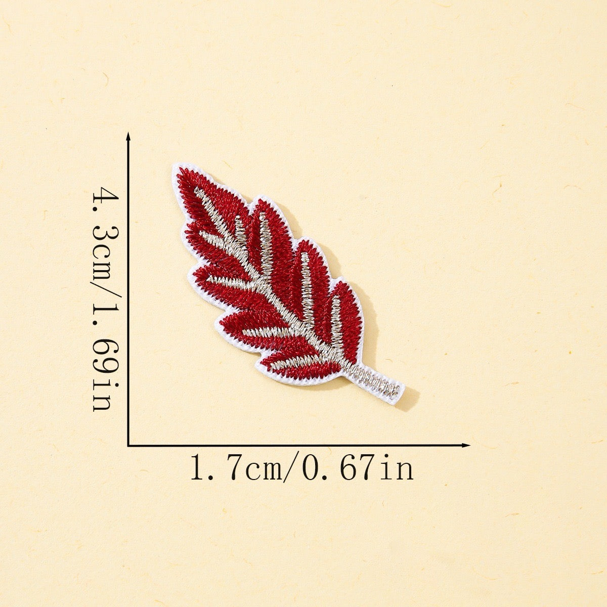 wine red leaf embroidered stick-on patch with silver metallic vein detail