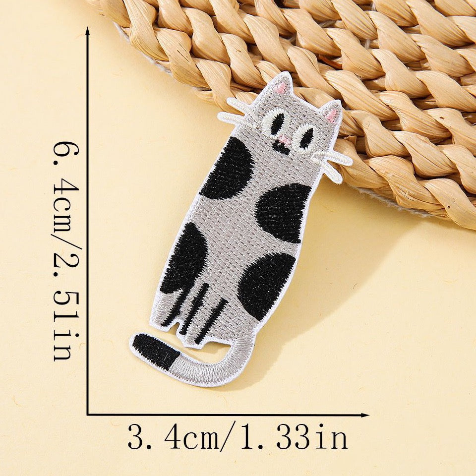 tall grey spotted derpy cat funny embroidered stick-on patch