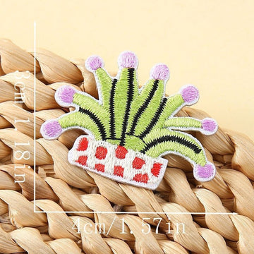 crown cactus in checkered pot abstract groovy embroidered stick-on patch