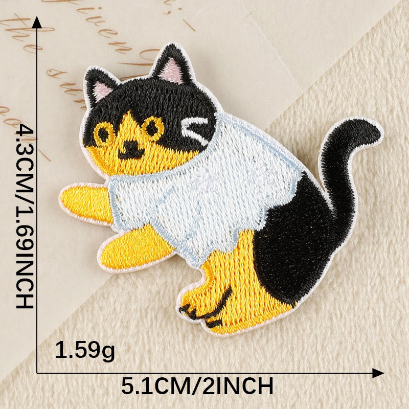 lazy tortie cat in white t-shirt whimsical embroidered stick-on patch