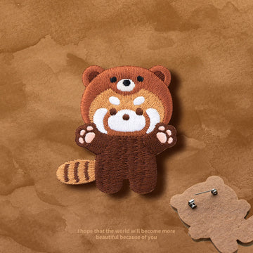 Embroidered Pins of a Full Body Cute Red Panda in a Hat