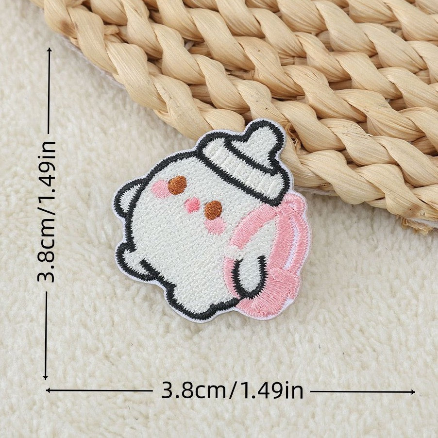 classic white chubby baby bottle elf with pink headphones embroidered stick-on patch