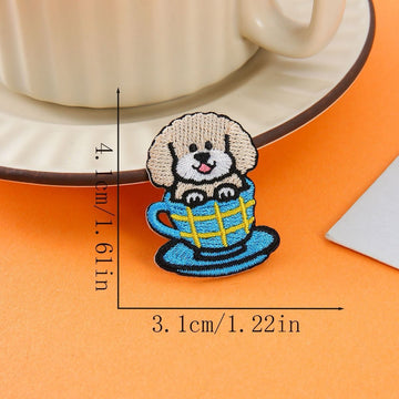 fluffy dog in blue plaid cup embroidered stick-on patch
