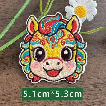 Chinese zodiac horse embroidered stick-on patch — rainbow mane round nose cheerful expression colorful opera style