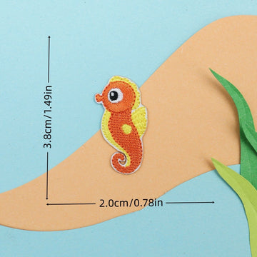 orange seahorse embroidered stick-on patch — curled tail with yellow spots