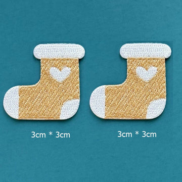 camel brown heart stocking embroidered stick-on patches — pair of warm camel brown stockings with white cuff white heart and white toe 30x30mm