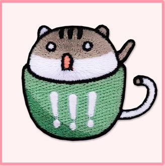 exclamation green teacup cat kawaii embroidered stick-on patch